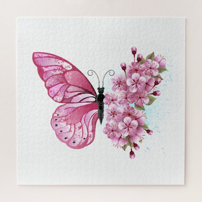 Puzzle Mariposa de flores con Sakura rosa (Horizontal)