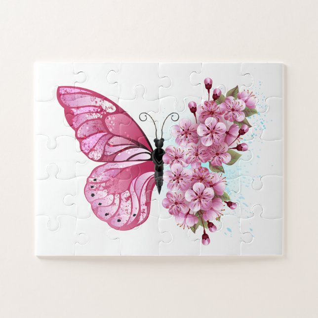 Puzzle Mariposa de flores con Sakura rosa (Horizontal)