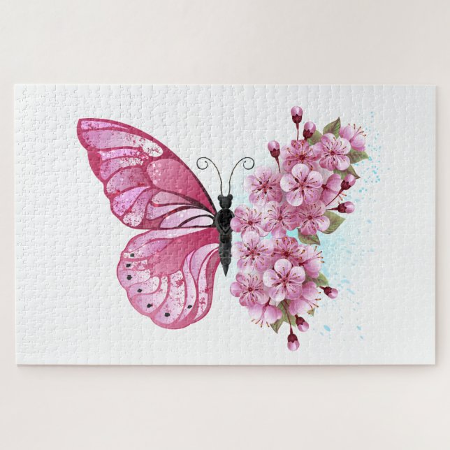 Puzzle Mariposa de flores con Sakura rosa (Horizontal)