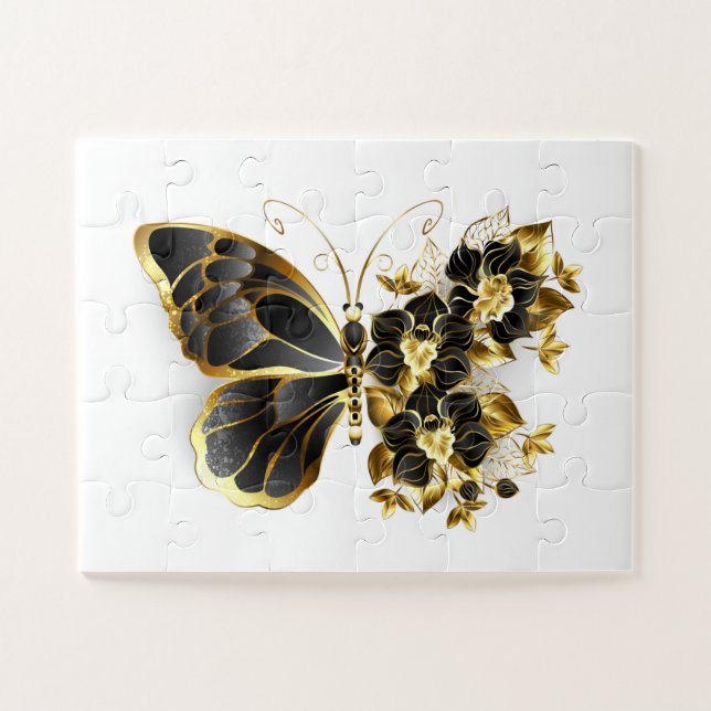 Puzzle Mariposa de flores de oro con orquídea negra (Horizontal)