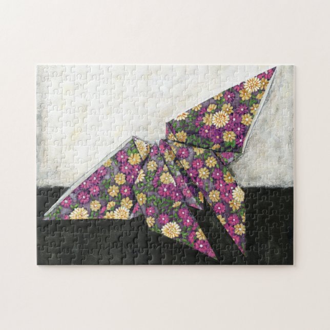 Puzzle Mariposa de origami sobre papel floral (Horizontal)