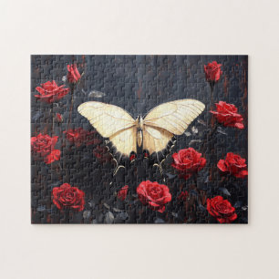 Puzzle Mariposa descansando entre rosas rojas vibrantes