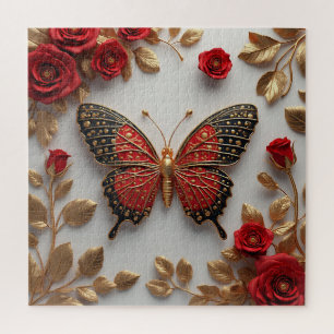 Puzzle Mariposa Dorada Con Rosas Rojas Y Hojas Doradas