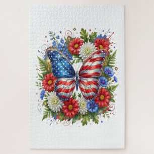 Puzzle Mariposa Floral Bandera Americana Rojo Blanco Azul