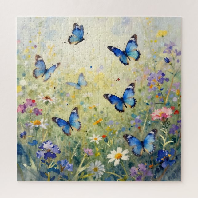 Puzzle Mariposas Azules Acuarela Pradera de Flores Silves (Vertical)