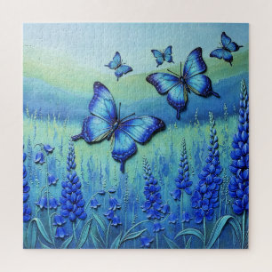 Puzzle Mariposas Azules con Flores Azules,