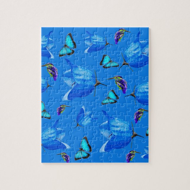 Puzzle Mariposas Azules, Pescadores Y Flores De Campana, (Vertical)