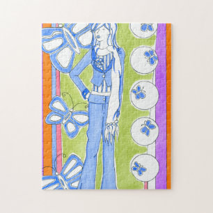 Puzzle Mariposas azules rodean a un glamuroso Chica