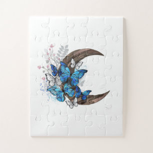 Puzzle Mariposas azules sobre la media luna de madera
