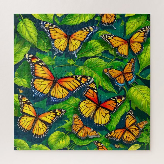 Puzzle Mariposas monarcas en frondosas hojas verdes (Vertical)