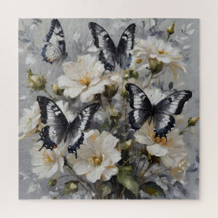 Puzzle Mariposas Negras Y Blancas Sobre Flores Blancas,
