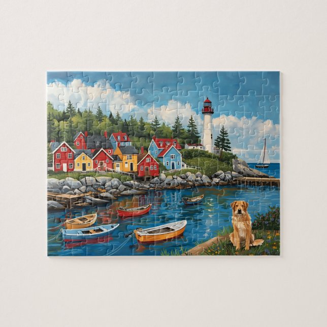 Puzzle Maritime Village Lighthouse & Golden Retriever (Horizontal)