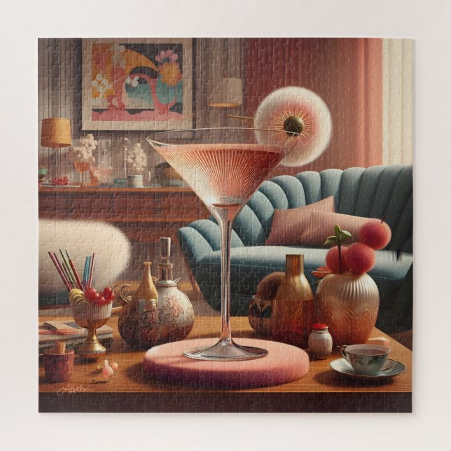 Puzzle Martini con flores de cerezo futurista atómico (Vertical)