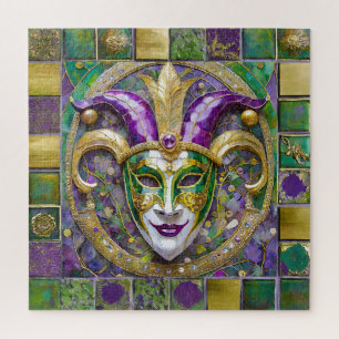 Puzzle Máscara de bufón de Mardi Gras verde púrpura dorad
