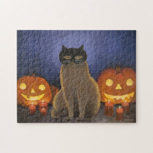 Puzzle Máscara de gato de Halloween y linterna de Jack-o