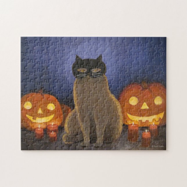 Puzzle Máscara de gato de Halloween y linterna de Jack-o (Horizontal)