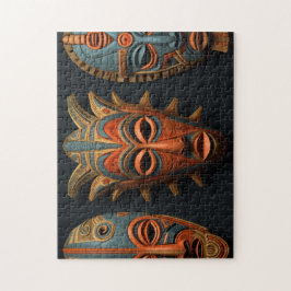 Puzzle Mascarillas africanas en azul naranja y turquesa