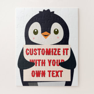 Puzzle Mascota de pingüino sosteniendo un cartel para tex