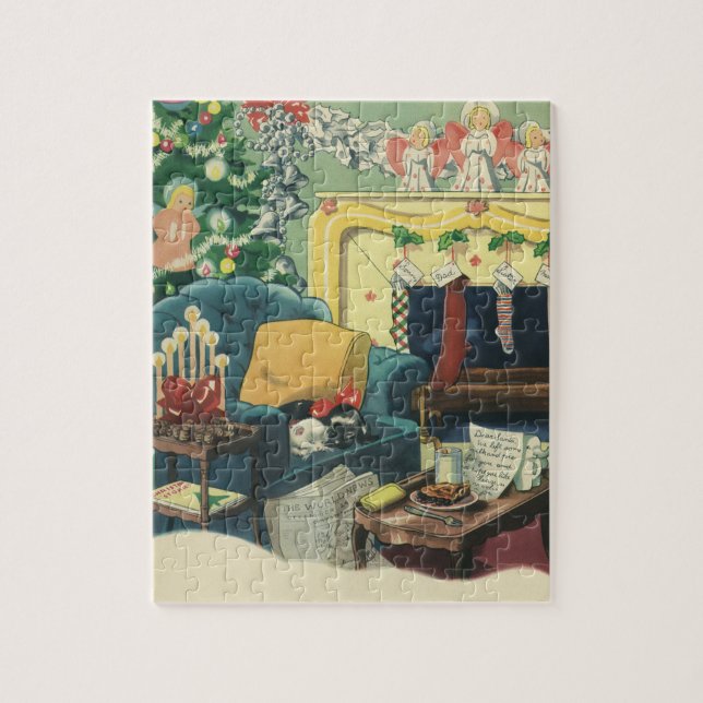 Puzzle Mascotas de Navidad de época en la sala de estar (Vertical)