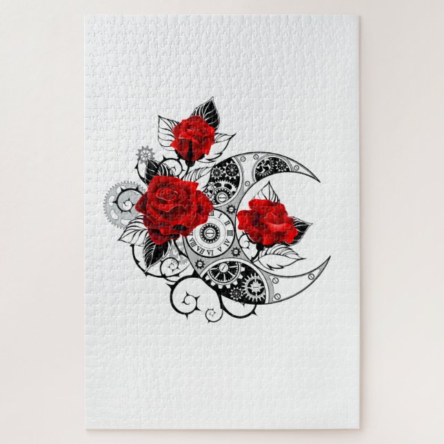Puzzle Media luna mecánica con rosas rojas (Vertical)
