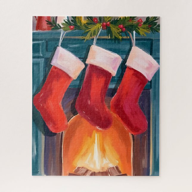 Puzzle Medias de Navidad Rojas Chimenea Acuarela (Vertical)