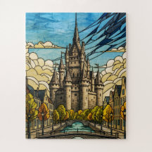 Medieval Cityscape over Canal Stained Glass Illust