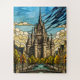 Puzzle Medieval Cityscape over Canal Stained Glass Illust