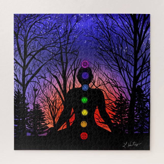 Puzzle Meditar yoga en el parque | Atardecer y árboles (Vertical)