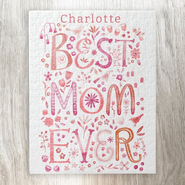 Puzzle Mejor Mamá Siempre Personalizada Acuarela (Best Mom Ever personalized name jigsaw with hand lettered watercolor detail)