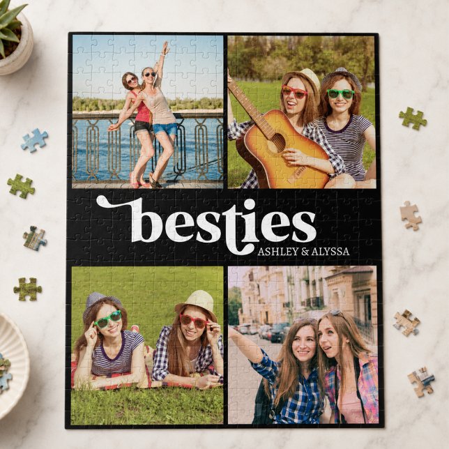 Puzzle Mejores amigas para foto personalizada (modern chic stylish 4 photo collage besties jigsaw puzzle gift for best friend girlfriend bff)