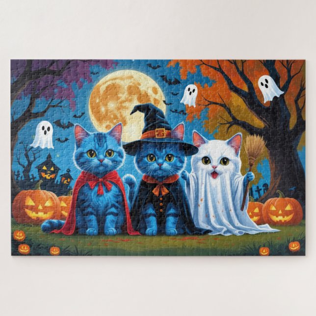 Puzzle Melancolía de gatos azules oriental Halloween Funn (Horizontal)