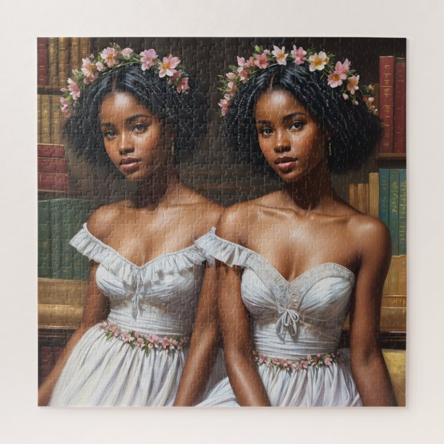 Puzzle Melanin Twin Sisters Gemini Library Art (Vertical)
