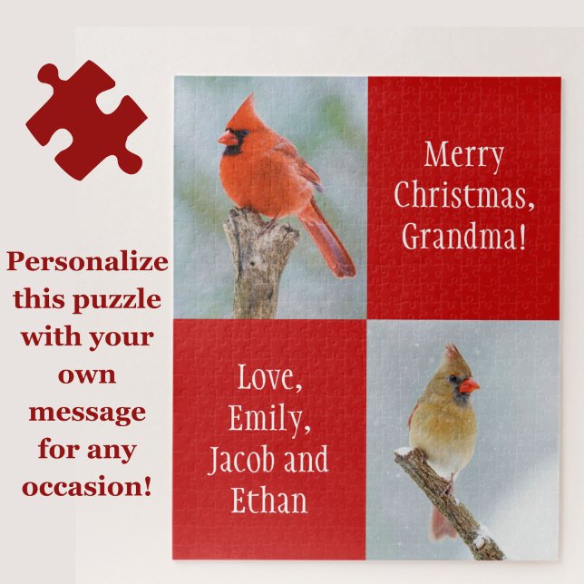 Puzzle Mensaje personal Cardenal Birds Navidades rojos (Personalize this beautiful cardinal birds jigsaw puzzle for a great gift!)