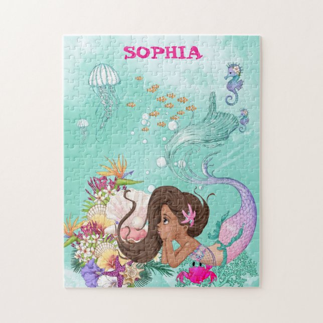 Puzzle Mermaid Dark Green Starfish Cute Personal (Vertical)