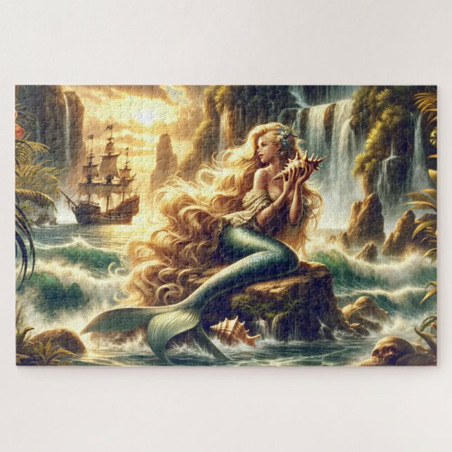 Puzzle Mermaid Siren Pirate Ship Scene Nautical Decor (Horizontal)