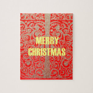 Puzzle Merry Christmas Golden Red Snow Hearts