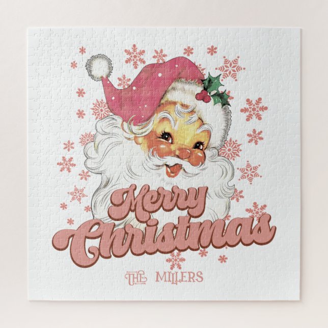 Puzzle Merry Christmas Retro Typography Santa Gorra Rosa (Vertical)