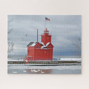 Puzzle Michigan Gran Faro Rojo Con Cisnes