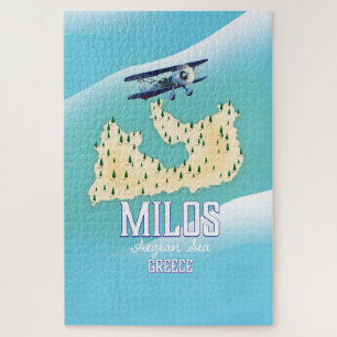 Puzzle Milos, isla griega Mapa arte de póster de viaje.