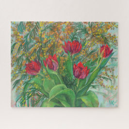 Puzzle Mimosa and Tulips, Spring Flowers, Floral Painting