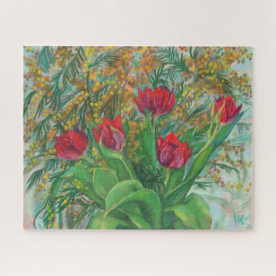 Puzzle Mimosa and Tulips, Spring Flowers, Floral Painting