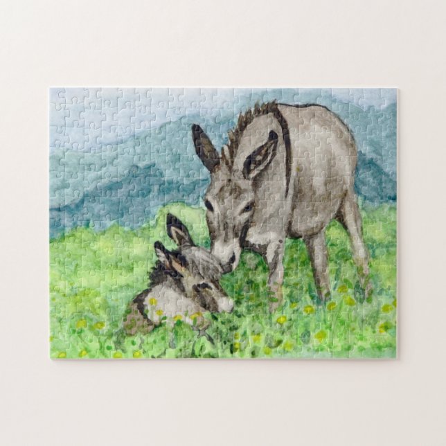 Puzzle Miniatura de arte acuarela de mamá burro y bebé (Horizontal)