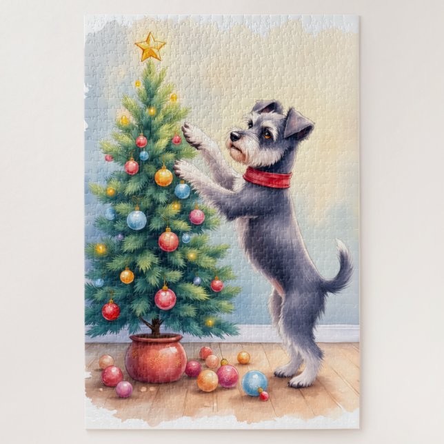 Puzzle Miniature Schnauzer Decorating Christmas Tree Dog  (Vertical)