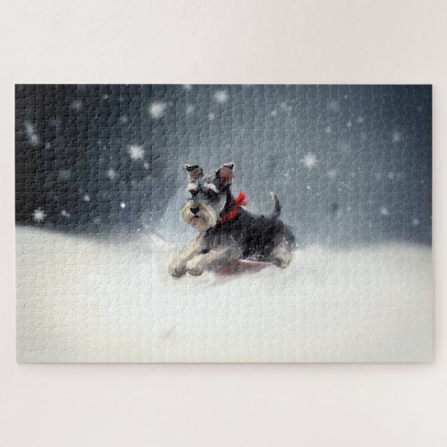Puzzle Miniature Schnauzer Navidad nieve invierno (Horizontal)
