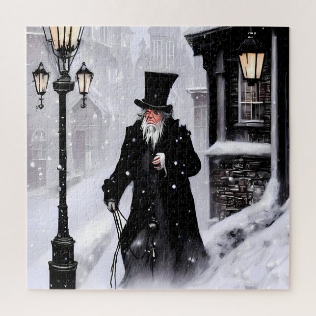 Puzzle Miserly Ebenezer Scrooge Snowy Victorian Street (Vertical)