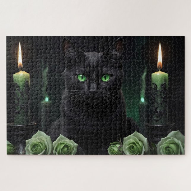 Puzzle Misterioso gato negro asustado con ojos verdes (Horizontal)