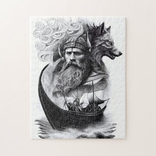 Puzzle mitología nórdica Odín Fenriswolf y barco vikingo