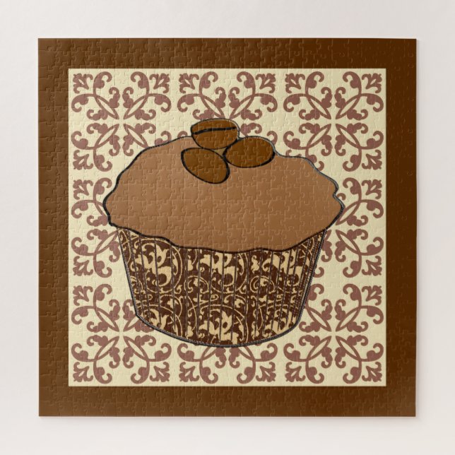 Puzzle Mocha / Coffee Frosted Cupcake, Lace Background (Vertical)