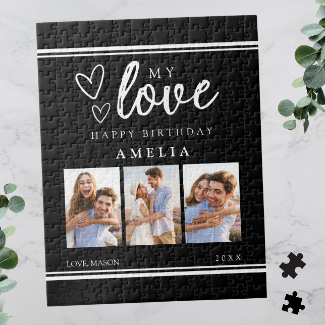 Puzzle Modern Black Happy Birthday Photo Collage (Modern Black Happy Birthday Photo Collage Jigsaw Puzzle for Her)