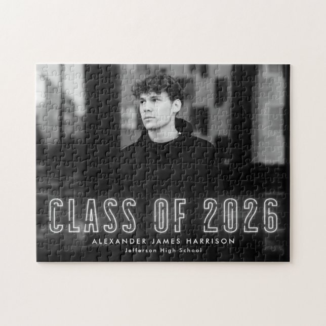 Puzzle Moderna clase de neón blanco de 2025 Foto de gradu (Horizontal)